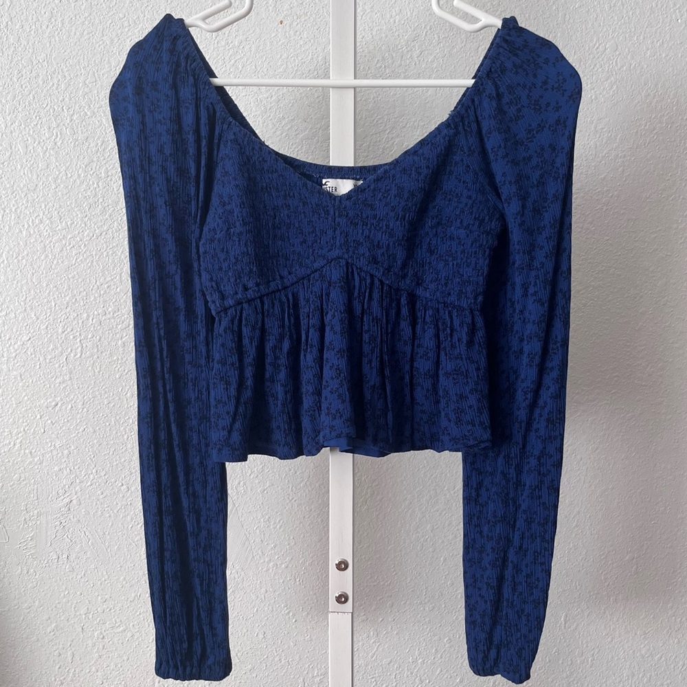 Hollister smocked navy blue long sleeve babydoll